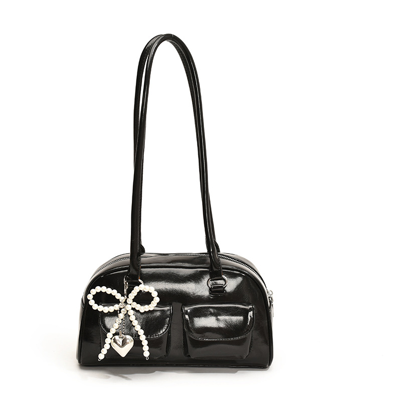 Korean Niche Patchwork Shoulder Bag For Women 2025 New Bowling Bag Fashion Retro Versatile Boston Underarm Bag - Thumbnail 6