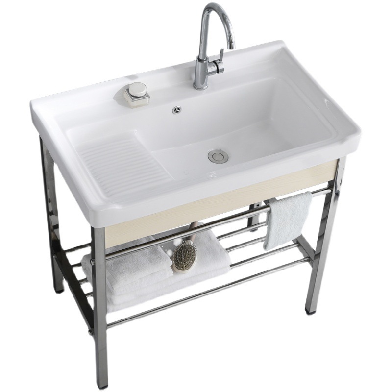 Soporte de acero inoxidable piso lavabo balcón Baño de cerámica lavabo baño lavabo integrado