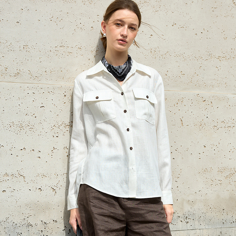 High-End Linen Work Shirt for Women, Spring Season, Multi-Pocket, Turn-Down Collar, Old Money Style, European and American Lyocell Cotton Hunting Shirt