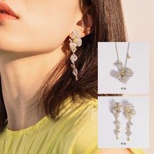 春季新品 纯银轻奢满钻鹅黄色花朵项链S925银小众气质项饰批发