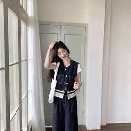 港风复古蕾丝拼接牛仔套装女春季2025新款设计感马甲阔腿裤两件套