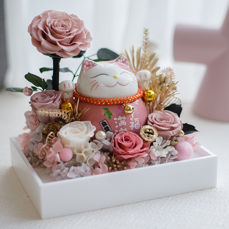 Caixa acrílica de flores para gatos inmortales, flores y rosas, regalo de Año Nuevo, decoraciones de oficina para el hogar