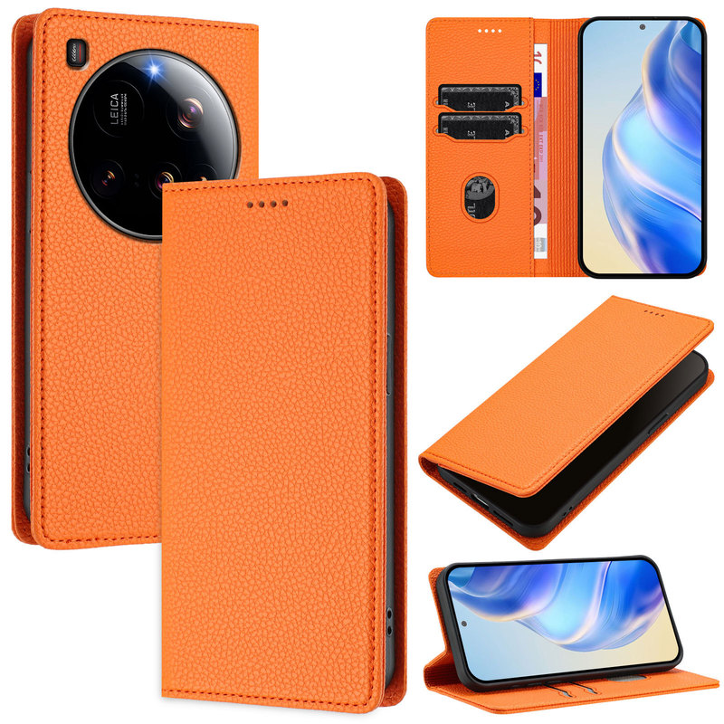 Suitable for Xiaomi 15Ultra Leather Case Samsung S25 Litchi Pattern Strong Magnetic Card Wallet Anti-theft Brush Red Rice Note14