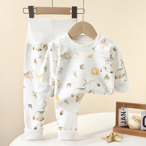 Baby High-Waist Protective Tummy Pajamas Set for Boys and Girls Autumn Top and Bottom Set Baby Spring and Autumn Home Wear Set Wholesale