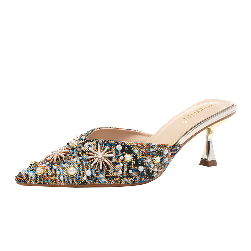 Verano 2025 nuevas medias zapatillas de diamantes de imitación de celebridades de Internet, sandalias Baotou, zapatillas de tacón alto, mujeres, tacones de aguja de moda, puntiagudos image 6