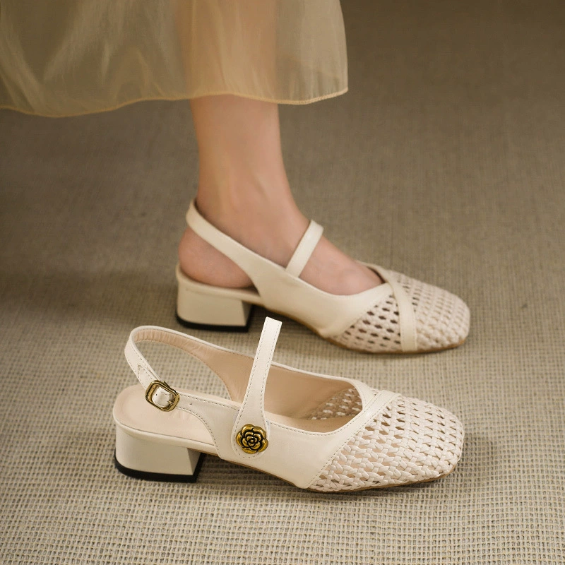 Бежевые женские полусапожки на высоком каблуке с вырезом, лето 2025, новая модель, плетеные, на одной ноге, с эффектом увеличения роста