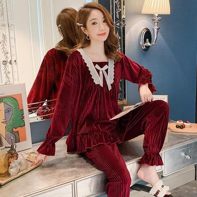 冬季睡衣少女韓版金絲絨坑條V領加厚甜美可愛休閑家居服兩件套