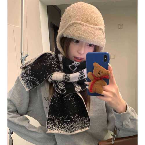 Sheep Wool Korean-style Double-Sided Brocade Knitted Scarf for Women - Winter Thick Warmth-Blocking Neck Protection and Keeping Warm Small Scarf