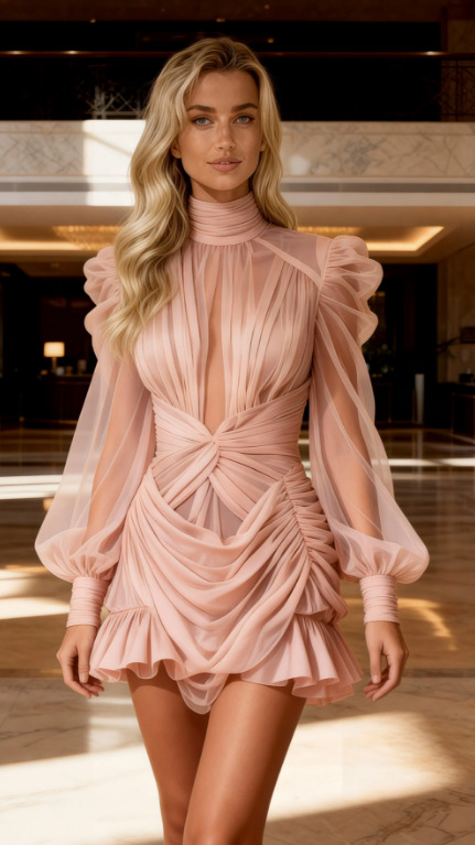 Women's Brown High-neck Ruffle Ruched Contrast Panel Dress Autumn_voghion.com