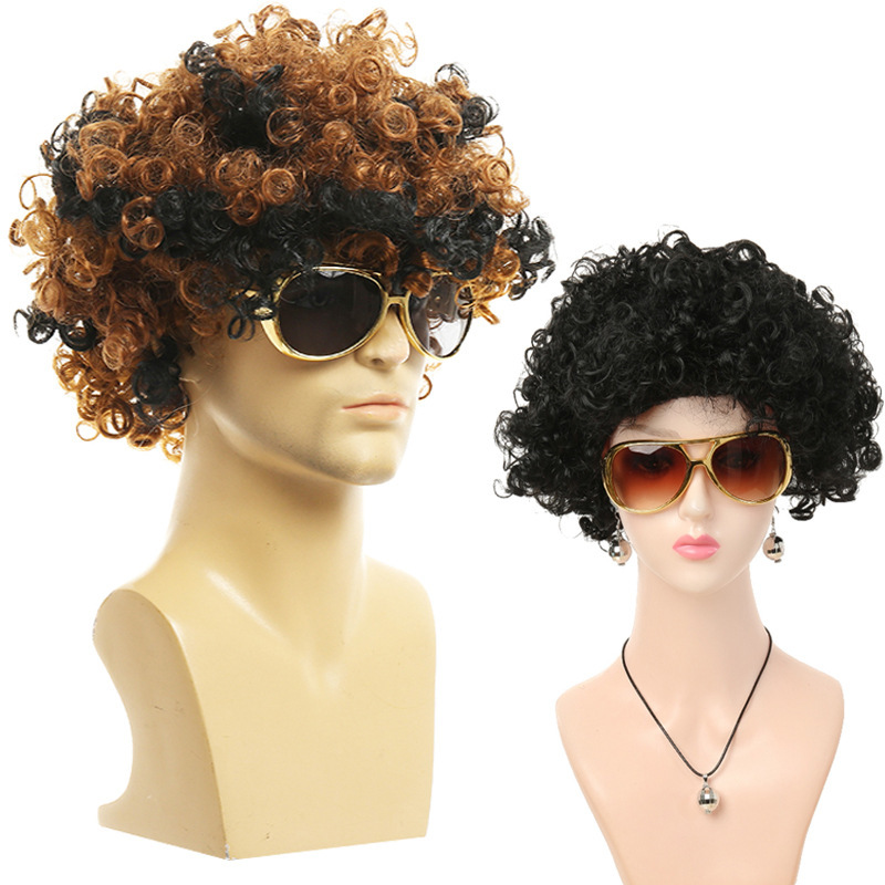 Halloween 90's COS black fan wig punk dollar necklace disco hip hop wig head cover