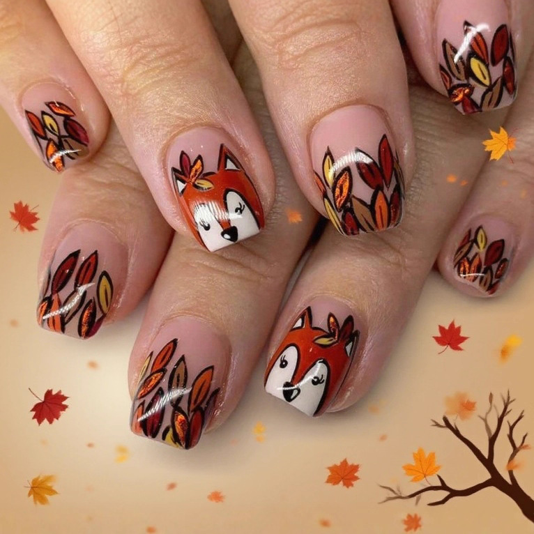 European and American Cross-Border Hot-Selling Manicure New Autumn Sweet and Cute Little Fox Leaves Short Square Wearable Nails Wholesale