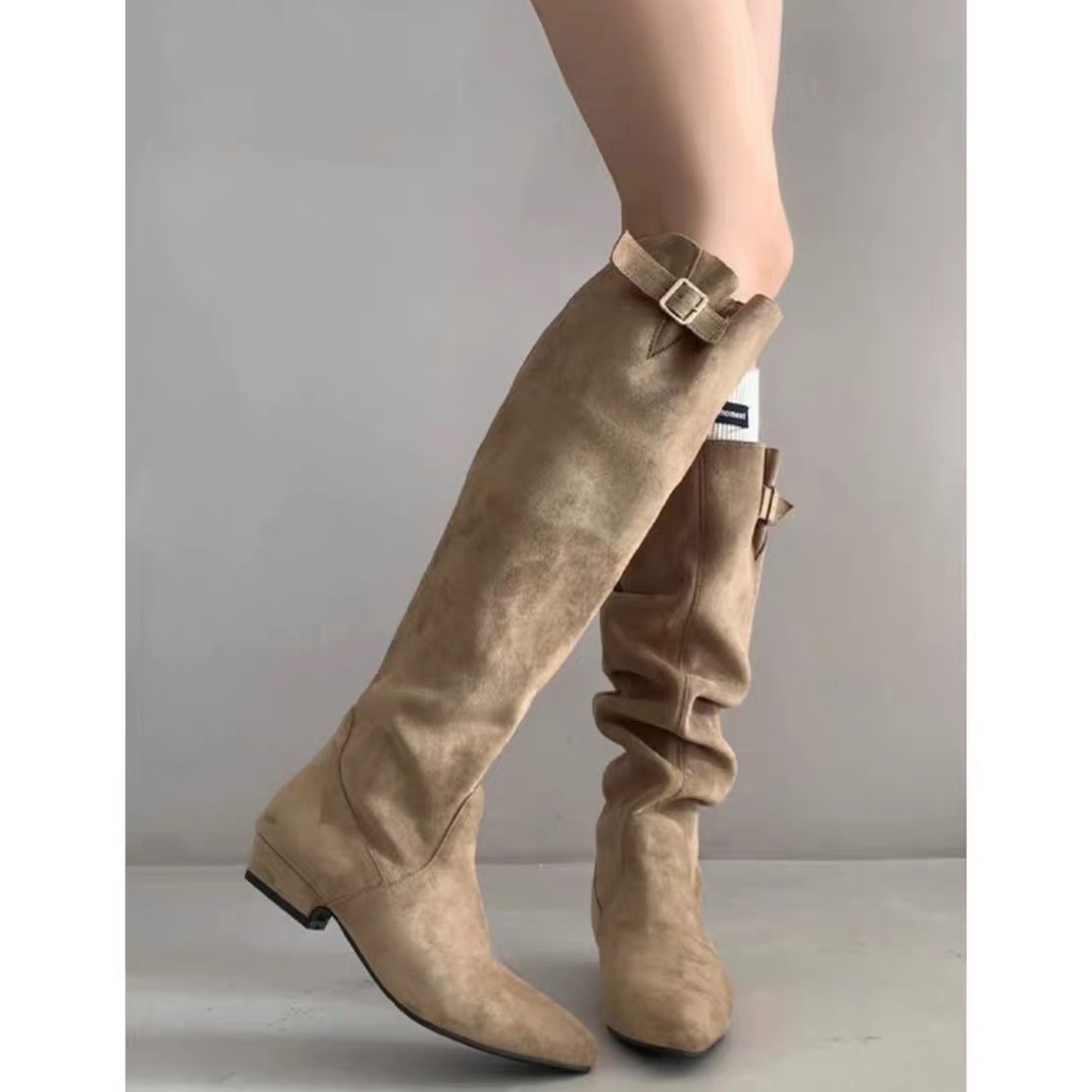 牛皮版~大筒围显瘦长筒堆堆靴女秋冬长靴复古尖头粗跟高筒西部靴