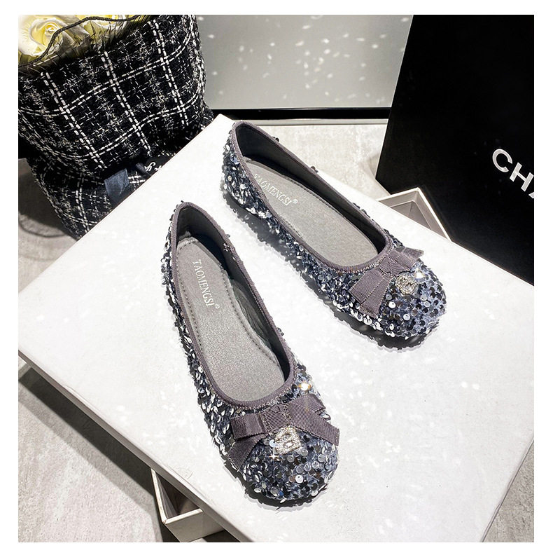 Giày búp bê nữ mũi vuông đế nhỏ đính sequin nơ, kiểu Mary Jane lười gót thấp 1–3 cm — Màu bạc, Màu đen chi tiết 30