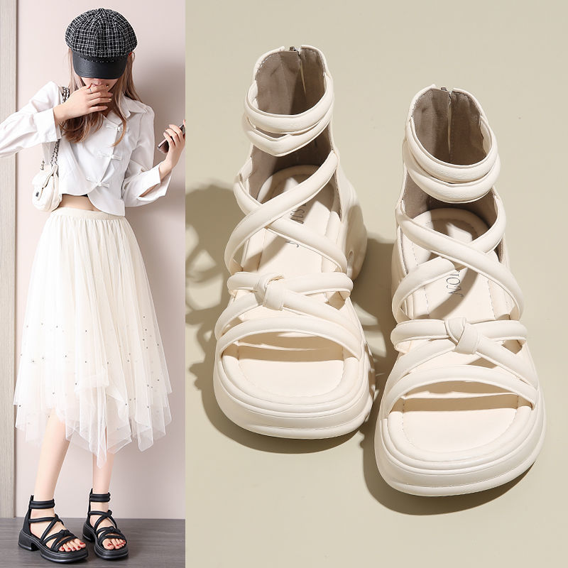 Sandalias de mujer de verano 2024 nuevos zapatos romanos de suela gruesa de hadas con falda de tacones gruesos zapatillas de playa