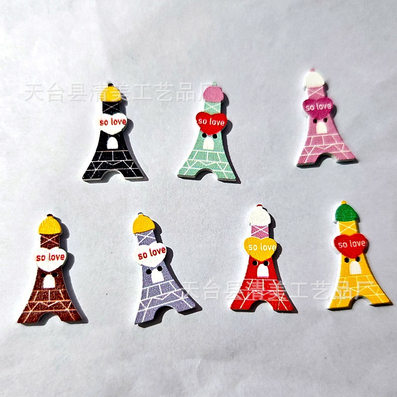 Conejo pintado/torre de hierro botones de madera ropa para niños accesorios de madera decorativos de bricolaje 50 piezas en un paquete