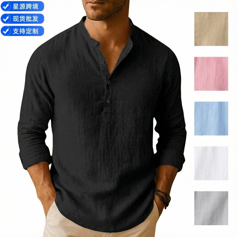 Cross-Border Independent Station Foreign Trade Linen New Product Men's Linen Casual Breathable Stand-Up Collar Henley Shirt Long-Sleeved Shirt