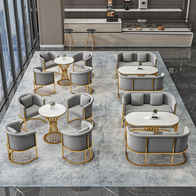 Light Luxury Light Gray Velvet Fabric Gold-Plated Frame Reception Sofa Set Sales Office Cafe Meeting Table and Chair Set Light Luxury Light Gray Velvet Fabric Gold-Plated Frame Reception Sofa Set Sales Office Cafe Meeting Table and Chair Set