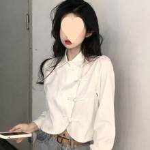 中国风盘扣短款长袖衬衫女春秋白色法式衬衣设计感小众新中式上衣