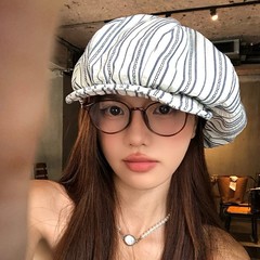 复古条纹褶皱贝雷帽女春夏季小众文艺风云朵画家帽子显脸小八角帽