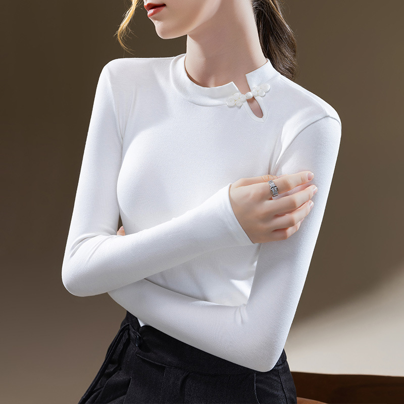 Camisa de fondo de cuello redondo para mujer 2023 nueva mujer europea retro hebilla de manga larga Camiseta elástica Cintura interior apretado top