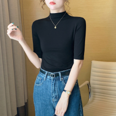 黑色半高领打底衫女春秋2025新款五七分袖内搭中袖中领上衣