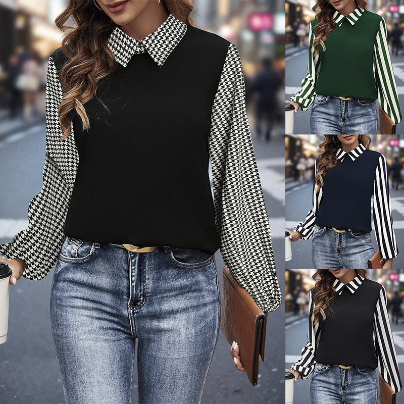 European and American Style Casual Lapel Striped Plaid Long-Sleeved Top Shirt for Women with Print 231214Chic Early Spring European and American Style