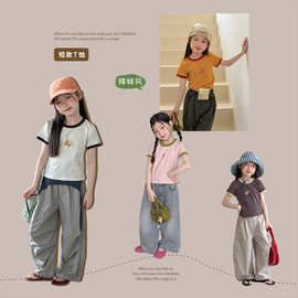 艾摩贝贝女童日常元气时髦修身拼色短袖舒适棉氨撞色短款卡通T恤