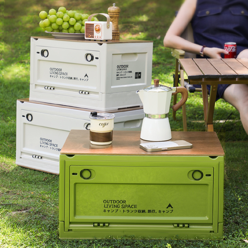 [Quality and Price Selection] Outdoor Camping Storage Box Car Trunk Storage Box Plastic Camping Wooden Cover Folding Box