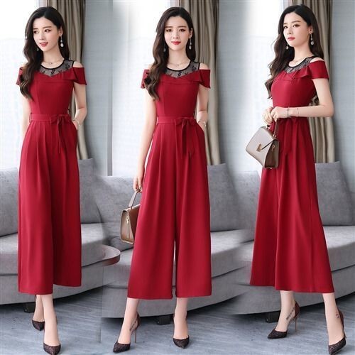 Korean Style Round Neck Off-Shoulder Pants Dress 25 New Women's Summer Wide-Leg Pants Nine-Point Pants Lace Splicing Mid-Waist Short Slimming