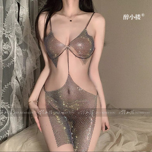 醉小楼 Metal light -emitting fishing net sexy underwear two -piece uniform seductive hollow see -out set one piece