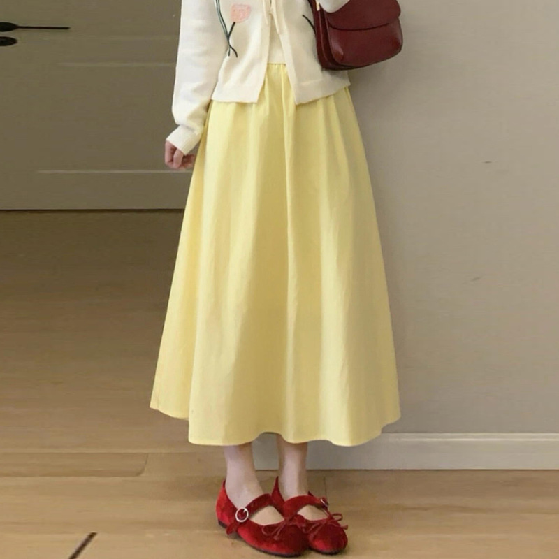 Dopamine Yellow Korean-Style High-Waisted A-Line Long Fairy Skirt for Women, Spring/Summer 2026, Comfortable for Petite Figures