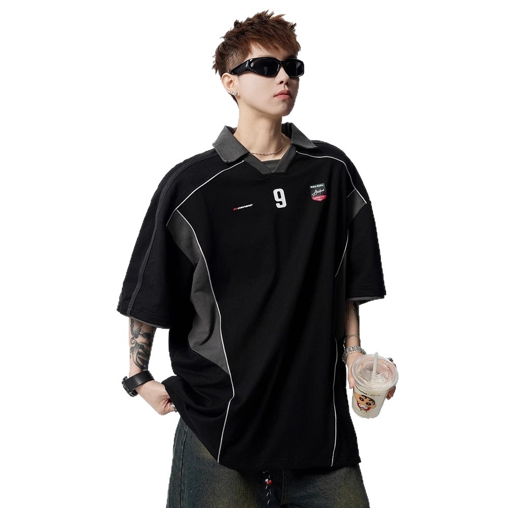 Summer New American Retro Design Contrasting Color Splicing Short-Sleeved T-Shirt Men's Loose Sports Couple Polo Tops