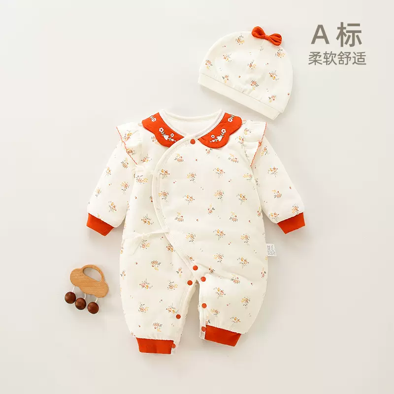 婴儿连体衣初生棉服偏襟和尚服秋冬可爱女宝宝0-3月新生儿衣服