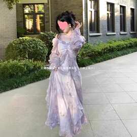 温柔风超仙紫色晕染设计感荷叶边连衣裙女气质度假海边沙滩裙子
