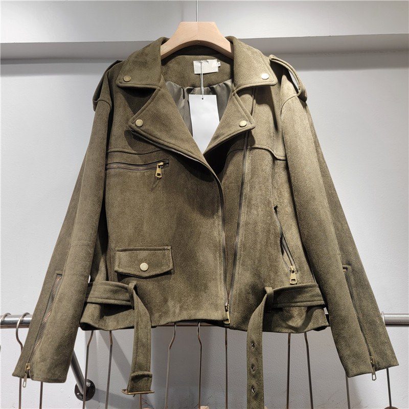 Chaqueta de Gamuza con Cremallera para Mujer, Piel de Imitación, Cuello de Traje, Suelto, Manga Larga
