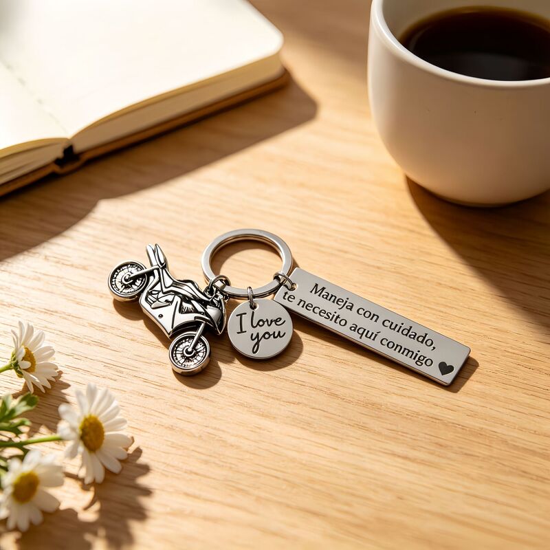 Cross-border stainless steel motorcycle keychain, personalized with engraved text for couples, a "I love you" anniversary gift, metal accessory