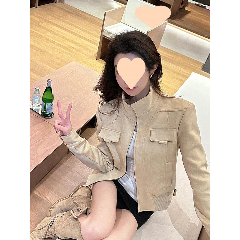 甜酷风辣妹杏色麂皮绒短外套女春秋季高级感美式复古宽松立领夹克|undefined