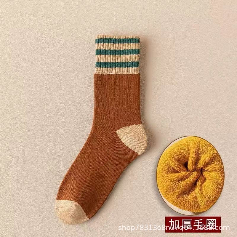 袜子冬季毛圈中筒袜加绒保暖休闲条纹运动防臭秋冬毛巾长筒女袜|undefined