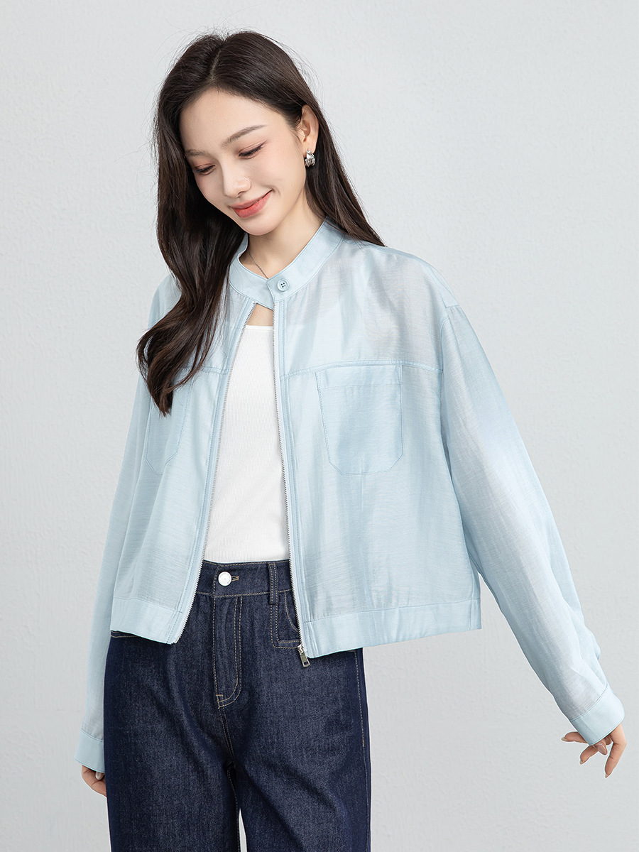 Áo khoác sơ mi ngắn tay nữ chất liệu linen pha acetate mùa hè dáng rộng — Xanh da trờicolor