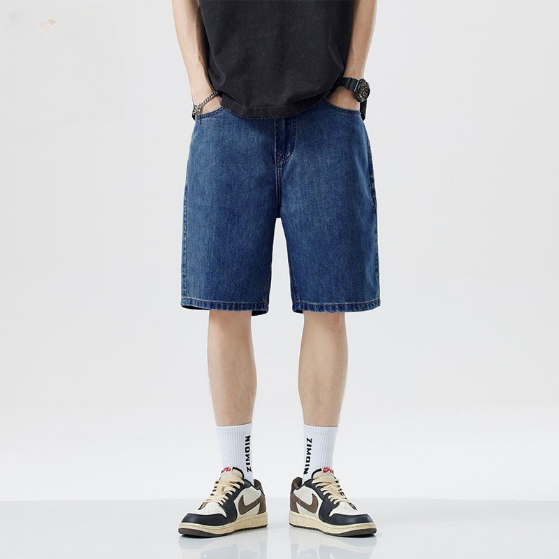 夏用の薄いメンズ快適なデニムショートパンツ、ルーズストレートレッグ5分丈パンツ、特大のルーズシンプルショートパンツ|undefined