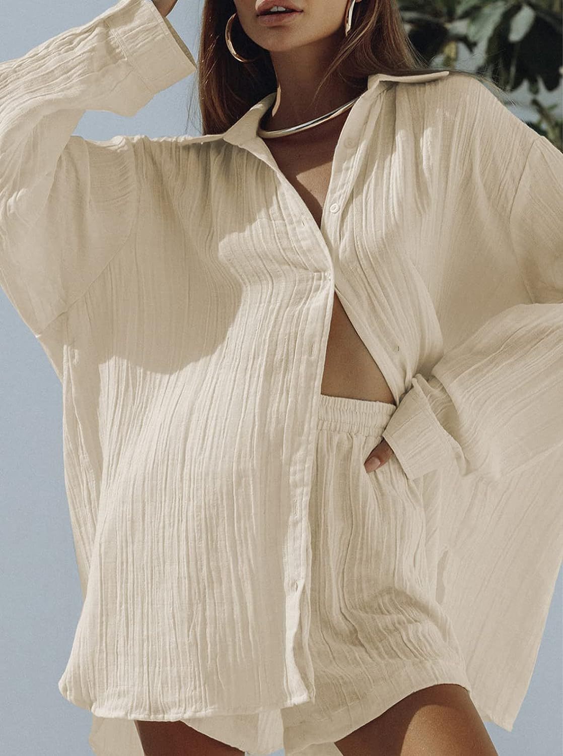 European American Style Women's Casual Two-Piece Set 2023 Summer New Long Sleeve Shirt Top And Shorts Sports Suit_ecoleips.com