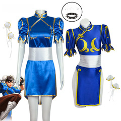 Chun-Li Cosplay Suit Street Fighter Full Set Cosplay Cheongsam Halloween Sexy Set Bracelet Headpiece 