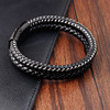 Men's black leather woven bracelet stainless steel handmade, genuine leather