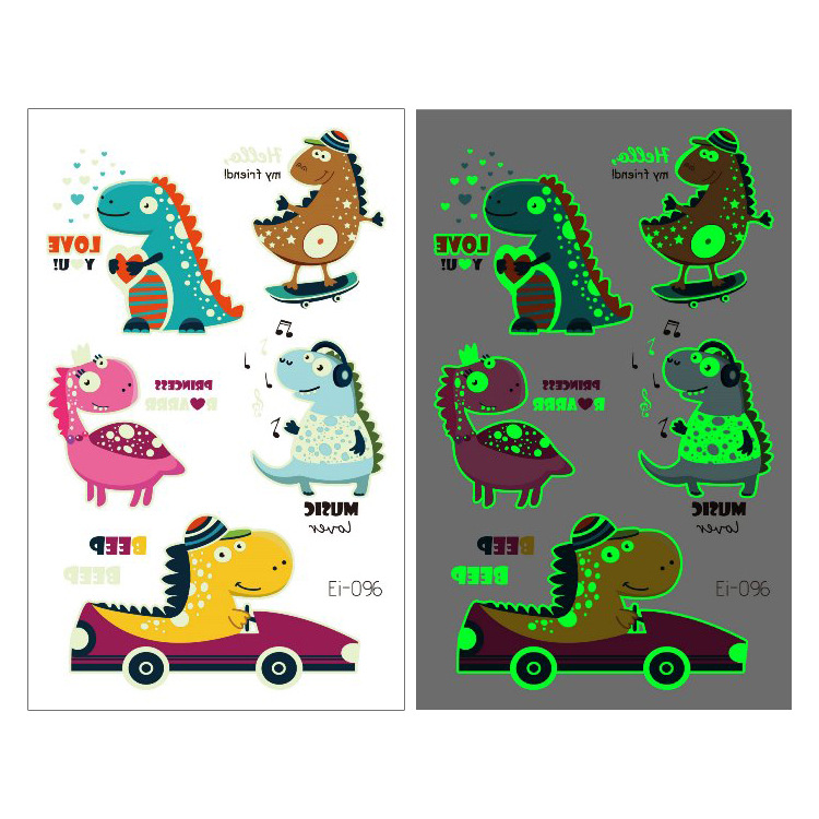Suministro transfronterizo nuevo dinosaurio luminoso tatuaje pegatinas niños dibujos animados diversión pegatinas luminosas pegatinas temporales del tatuaje
