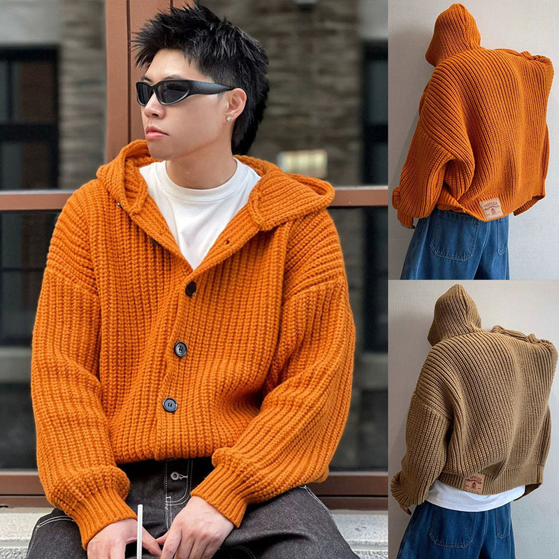 Short hooded cardigan sweater for men and couples, orange, trendy, autumn and winter, cross-border factory wholesale Short hooded cardigan sweater for men and couples, orange, trendy, autumn and winter, cross-border factory wholesale