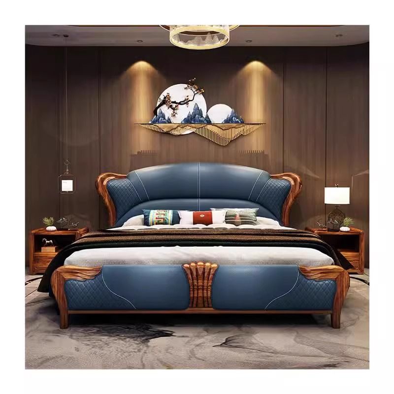 New Chinese Style Ebony Leather Luxury Villa Master Bedroom Modern Simple Leather Soft Backrest Double Wedding Bed Combination