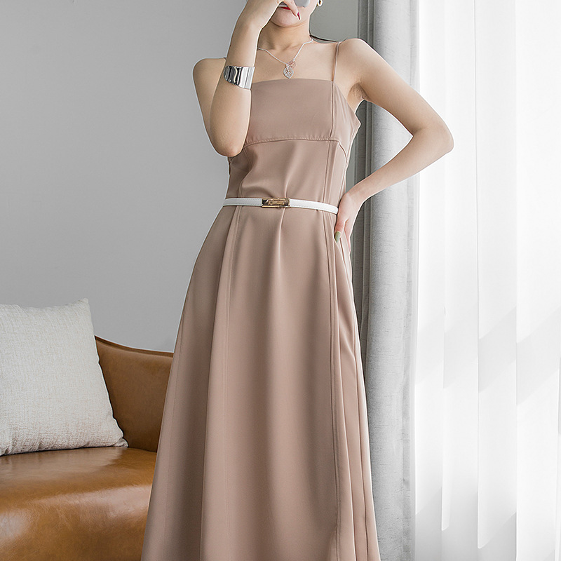 Spring and summer new French elegant long skirt waist was thinner pure color suspenders little black dress #MD031422-02