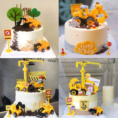 Baking cake decoration excavator excavator engineering vehicle cake ornaments road signs traffic instructions birthday decoration