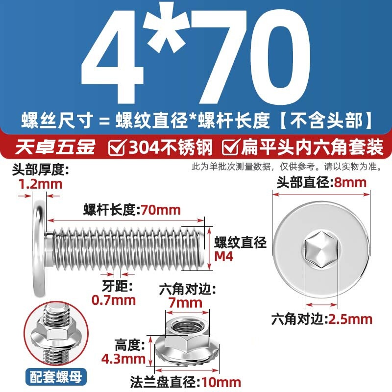 304不锈钢CM大平头超薄头C头扁平头内六角螺丝钉法兰边螺母套装M5|undefined