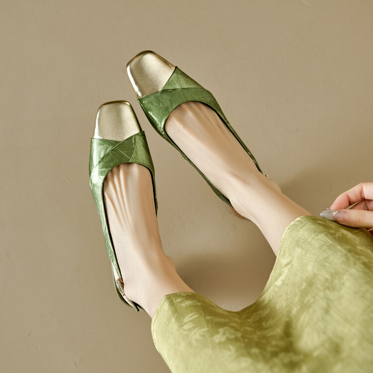 Sandal bít mũi nữ da bò phối màu gót thô 5 cm — Màu xanh lá, Màu mơ chi tiết 44